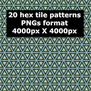 Puede incluir: Un gráfico digital con un patrón geométrico repetitivo de triángulos verdes, blancos y azules. Un recuadro negro contiene el texto en blanco: 20 hex tile patterns, PNGs format, 4000px X 4000px. El diseño crea una cuadrícula continua.