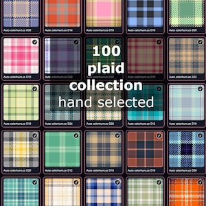 Könnte beinhalten: Eine digitale Sammlung von 100 Schottenkaro-Mustern in verschiedenen Farbpaletten wie Blau, Rosa, Grün, Orange und Braun. Jede quadratische Kachel zeigt ein einzigartiges Tartan-Design mit sich kreuzenden Linien und Karos, beschriftet mit dem Text 100 plaid collection hand selected.