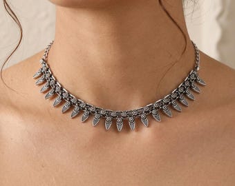 Handmade Oxidized Silver Choker Necklace, Boho Indian Tribal Neckpiece, Ethnic Statement Jewelry for Women