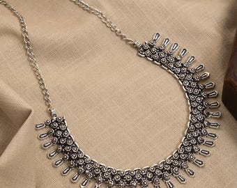 Oxidized Silver Plated Choker, Handmade Designer German Silver Statement Necklace for Women