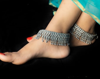 Tornozeleiras Boho em Latão com Acabamento Prateado, Joias Payal Indianas