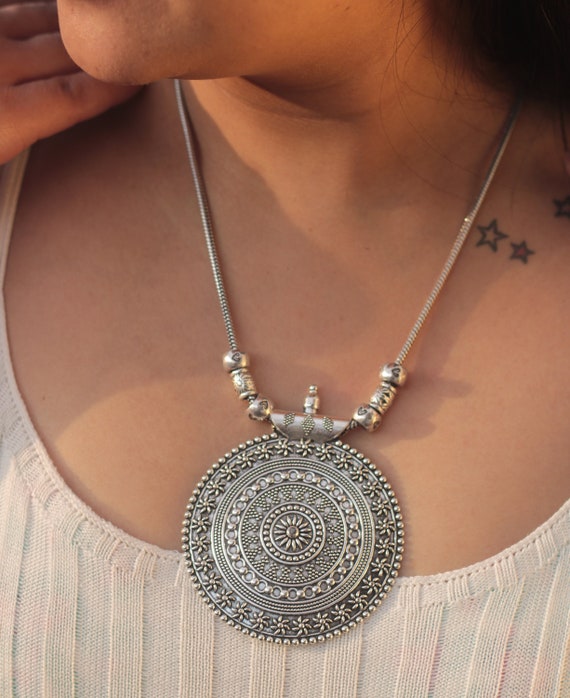 Indian Boho Designer Oxidized Silver Round Pendant With Chain