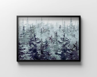 Watercolor Pine Tree Winter Print: Snowy Forest Landscape (Digital Download)