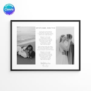 May include: Black framed print featuring two black and white photos of a couple, with a poem and the text "ARTISTS NAME, SONG TITLE". The photos show a beach scene and a couple embracing. The date 04.06.2025 is also visible.