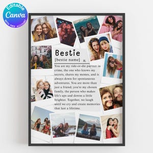 Könnte beinhalten: Ein gerahmter Druck mit einer Collage von Fotos und dem Wort "Bestie" mit einer Definition. Die Fotos zeigen Freundesgruppen in verschiedenen Umgebungen. Der Text beschreibt die Freundschaft und gemeinsame Erlebnisse.