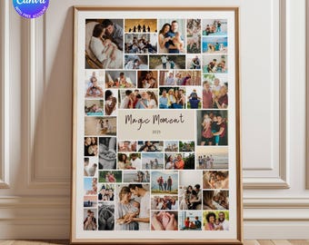 Peut inclure: Un collage photo encadré avec de nombreuses photos de famille. Le collage est disposé en grille et comprend le texte "Magic Moment 2025". Le cadre est de couleur marron clair et est affiché contre un mur blanc.