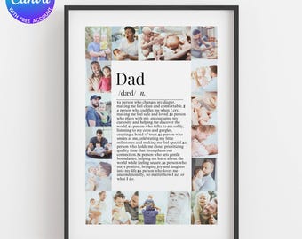 May include: A printable wall art design featuring a collage of photos of a father and child with a definition of the word "Dad" in black text. The definition describes the role of a father in a child's life.
