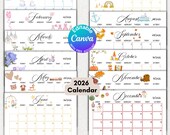 2026 Calendar Printable Cute Kids Calendar 2026 Wall Calendar PDF Editable Calendar Kids Monthly Planner Homeschool Calendars School Year