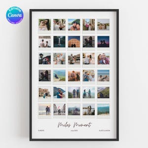 Pode incluir: Uma colagem emoldurada de 30 fotos pequenas, cada uma retratando um momento diferente. As fotos são dispostas em uma grade, com uma moldura preta. O texto "Miles Moment" está escrito em itálico, com "July 2025" e "Alice & Jason" abaixo.