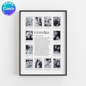 Op de afbeelding: Een zwart omlijste print met zwart-wit foto's rondom het woord "Grandpa". De print bevat een definitie van "Grandpa" en een label "Editable Canva".