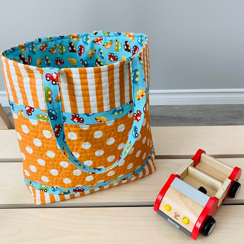 Toy Bag Diaper Bag Dots Tote Stripes Handmade Everything Bag Cars Go Bag Quilted Bag