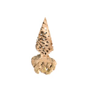 May include: A wooden sculpture of a tree with a unique, intricate design. The tree is carved with many holes and is a light brown color.