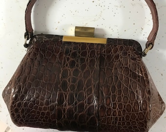 Vintage Mid-Century ALLIGATOR Leder Handtasche Metallverschluss 1940er-1960er Jahre