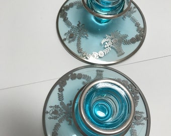 SILVER Overlay DEPRESSION Era Glass Aqua Blue 3" - Set of CANDLE Holders