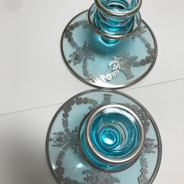 SILVER Overlay DEPRESSION Era Glass Aqua Blue 3" - Set of CANDLE Holders