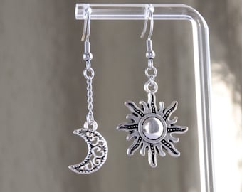 Sun and Moon Earrings, Crescent Moon Jewelry, Celestial Asymmerical Earrings, Sunburst Non matching Stainless Steel Earrings