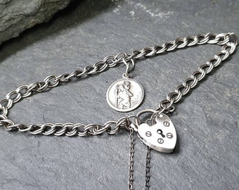 Vintage SILVER LINK BRACELET with St Christopher Charm and Padlock Lock - 6.1g