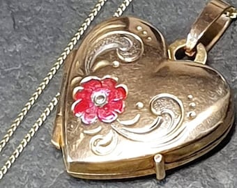 Vintage 9ct GOLD HEART LOCKET with Pink Rose on 16" Gold Chain - 2g