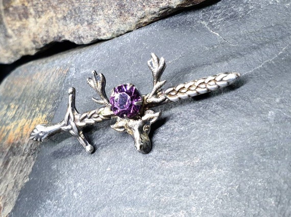 Vintage Silver STAG Dirk Brooch - with Purple Ame… - image 2