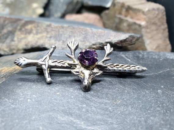 Vintage Silver STAG Dirk Brooch - with Purple Ame… - image 8