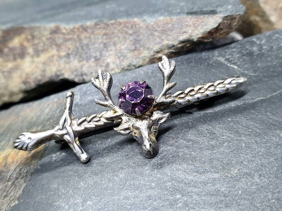 Vintage Silver STAG Dirk Brooch - with Purple Ame… - image 1