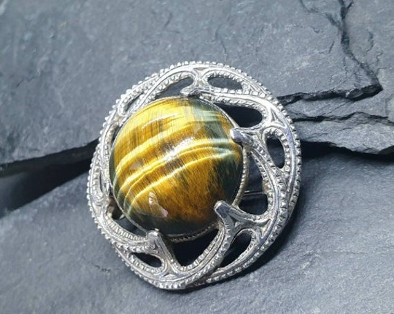 Sterling Silver MIRACLE TIGERS EYE Brooch Hallmarked Edinburgh