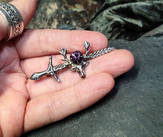 Vintage Silver STAG Dirk Brooch - with Purple Ame… - image 4