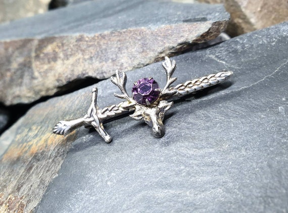 Vintage Silver STAG Dirk Brooch - with Purple Ame… - image 5