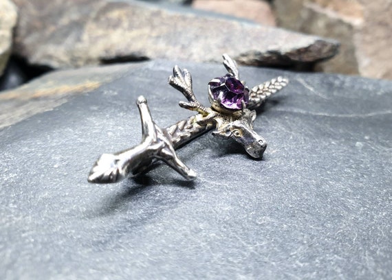 Vintage Silver STAG Dirk Brooch - with Purple Ame… - image 6