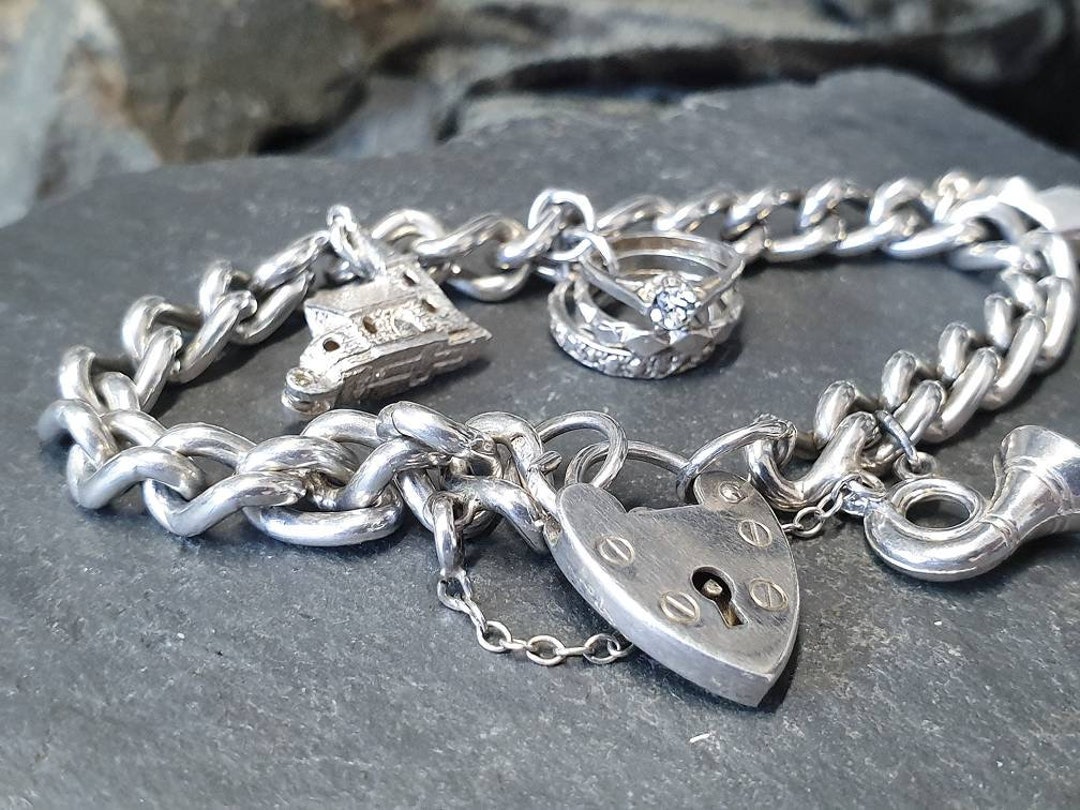 Vintage SILVER LINK BRACELET With 4 Charms Church, Wedding Sterling