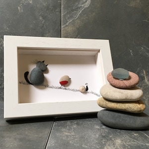 Humorous Handmade Pebble Art for Cat and Robin Lovers