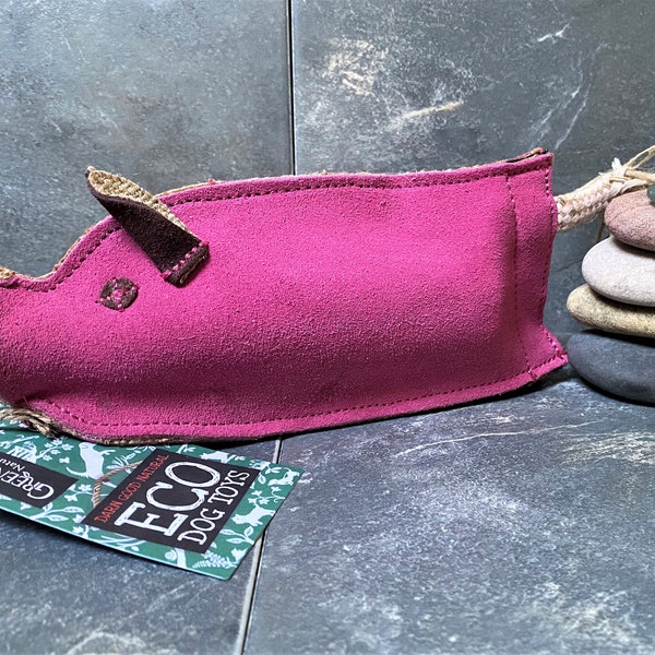 Eco friendly dog toy, Peggy the pig, natural dog toy, durable pink suede, natural jute, eco dog toy