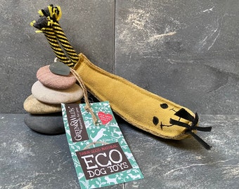 Barry the Banana dog toy, yellow natural dog toy, fun eco dog toy, durable suede and jute