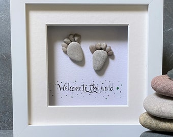 New baby gift, pebble pictures, pebble baby feet, welcome to the world, new baby keepsake