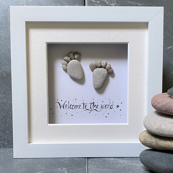 New baby gift, pebble pictures, pebble baby feet, welcome to the world, new baby keepsake