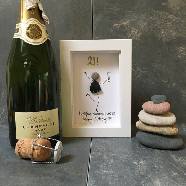 Pebble pictures, 21st birthday for her, personalised, pebble art keepsake, framed pebble art,