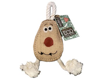 May include: A brown and tan reindeer-shaped dog toy with a red nose and black eyes. The toy is made of natural materials and has a rope attached to it. The toy is labeled "Eco Dog Toys" and "Earth Good Natural".