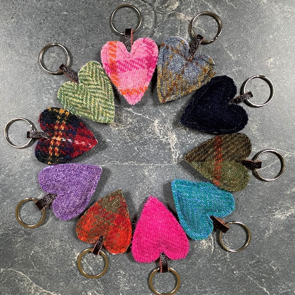 Heart keyring, Harris tweed, love token, wool anniversary gift, key fob for him, key fob for her