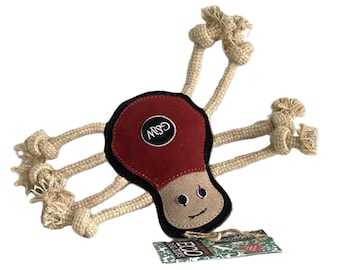 May include: A red and brown dog toy shaped like a lightbulb with three knotted rope arms. The toy has a black border and the text "GSW" on the red part. The toy is on a white background.