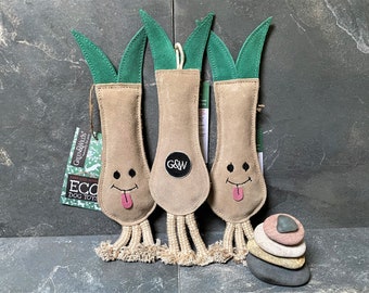 Larry the Leek eco dog toy, natural dog toy, eco friendly dog toy, durable suede and jute, zero waste, dog lover gift