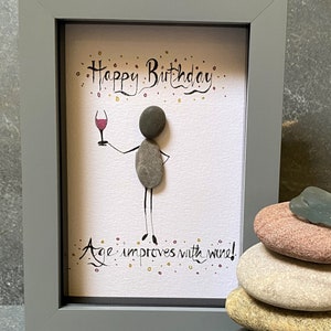 Birthday pebble art, framed pebble pictures, humorous birthday present, happy birthday gift for him or her, personalised pebble art,