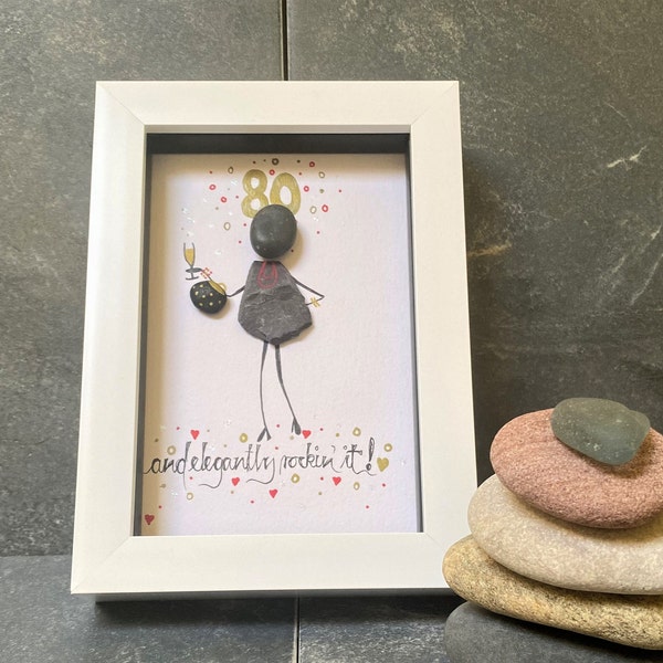 Pebble art 80th birthday, fun pebble pictures, 80th birthday gift for her, personalised friendship wall art, framed pebble present