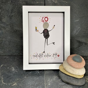 Pebble art 40th birthday, fun pebble pictures, 40th birthday gift for her, personalised pebble art, framed pebble present