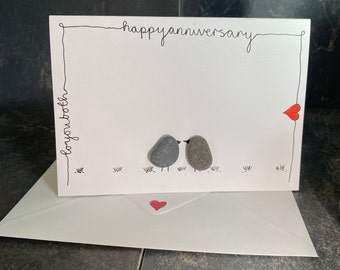 Romantic anniversary or Valentine card, love birds, pebble art card, recycled card and envelope, personalised sustainable card,