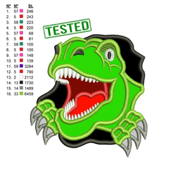 Dino Rex Dinosaurier Applikation Stickdatei, T-Rex Dinosaurier Stickmaschine, k965 , sofort download