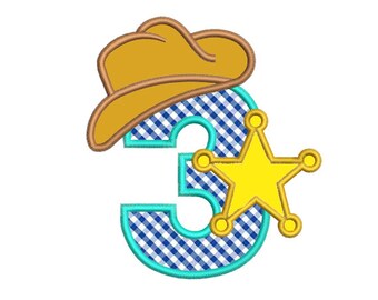 Sheriff number 3 3rd birthday applique embroidery design,Sheriff number 3 3rd birthday Applique embroidery machine, k804 , instant download