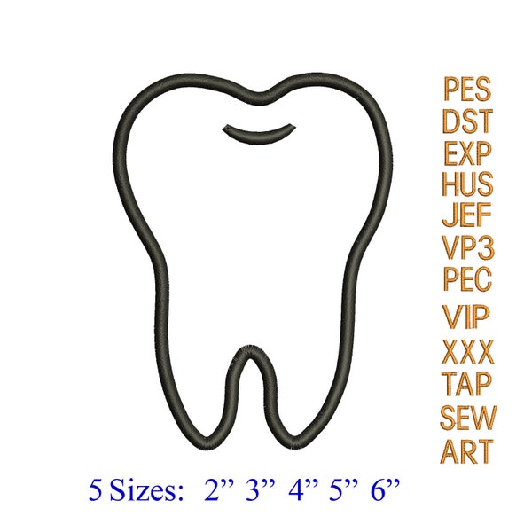 Zahn Applikation Stickerei Design, Zahn-Stickerei-Muster, Zahnarzt Dental Doctor Designs; Zahn Umriss Stickerei Muster N1352