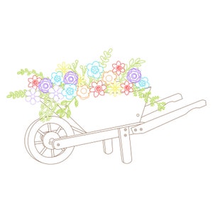 May include: A line drawing of a wheelbarrow filled with colourful flowers. The wheelbarrow is outlined in black and the flowers are in shades of pink, blue, yellow, and green.