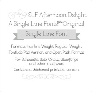 May include: A digital download for a single line font called "SLF Afternoon Delight" in a gray banner with white text. The font is available in hairline and regular weight, FontLab Pad version, and open path format. It is compatible with Silhouette, Solo, Cricut, Glowforge, and other machines. It includes a thickened printable version.