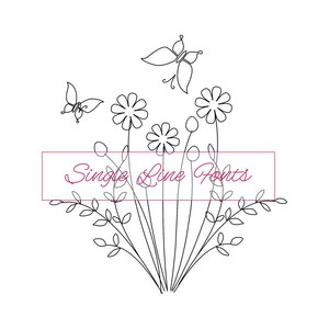 Puede incluir: Un dibujo en blanco y negro de un ramo de flores con mariposas. El texto "Single Line Fonts" está escrito en rosa.